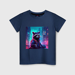 Детская футболка Антропоморфный енот на фоне неонового киберпанк-го