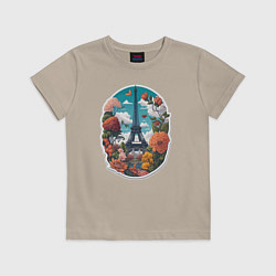 Футболка хлопковая детская Эйфелева башня в цветах, цвет: миндальный