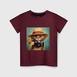 Футболка хлопковая детская Кот в соломенной шляпе с фотоаппаратом, цвет: меланж-бордовый