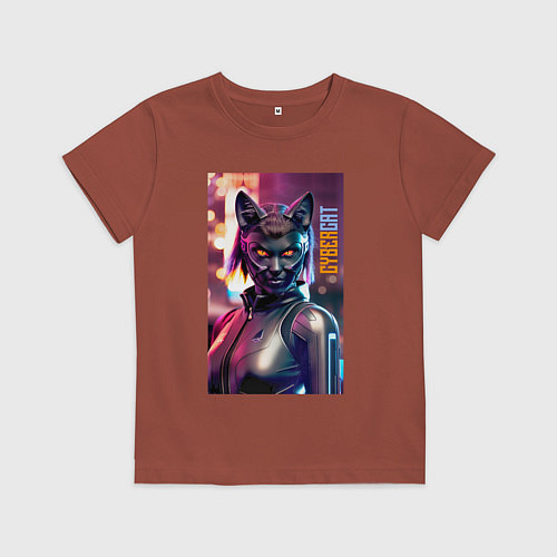 Детская футболка Взгляд чёрной кошки - киберпанк - нейросеть / Кирпичный – фото 1