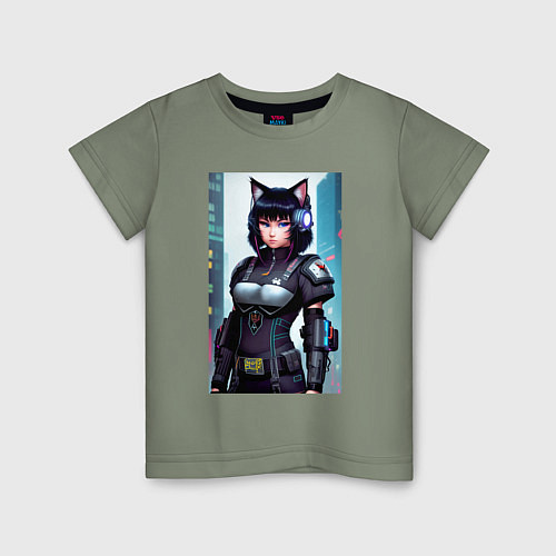 Детская футболка Девчонка-кошка - киберпанк - нейросеть / Авокадо – фото 1