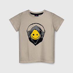 Футболка хлопковая детская Смайлик в наушниках smiley face in headphones, цвет: миндальный