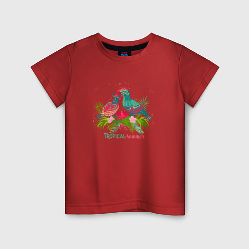 Детская футболка Влюбленные попугаи среди тропических листьев / Красный – фото 1