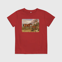 Футболка хлопковая детская Две лошади и две собаки, цвет: красный