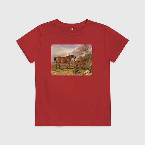 Детская футболка Две лошади и две собаки / Красный – фото 1