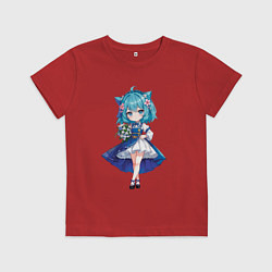 Футболка хлопковая детская Аниме девушка-кошка в синем платье с букетом цвето, цвет: красный