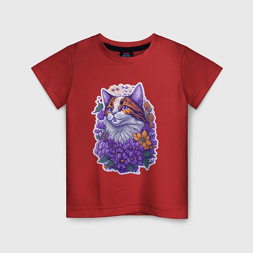 Детская футболка Рыжий котик и фиолетовые цветы / Красный – фото 1