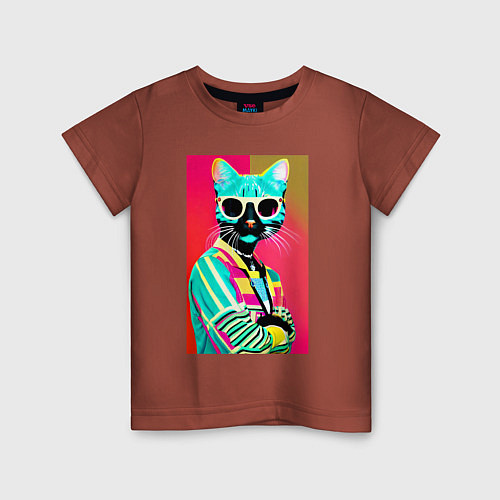 Детская футболка Cat in sunglasses - pop art / Кирпичный – фото 1