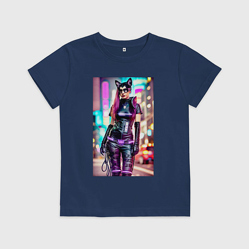 Детская футболка Cyberpunk - cat girl - neural network / Тёмно-синий – фото 1