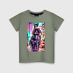 Футболка хлопковая детская Cyberpunk - cat girl - neural network, цвет: авокадо