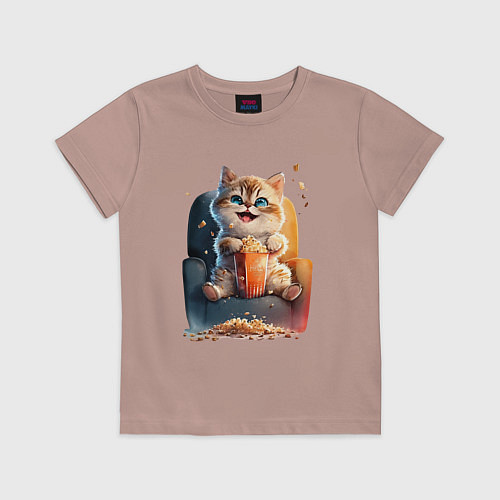Детская футболка Веселый котик с попкорном / Пыльно-розовый – фото 1