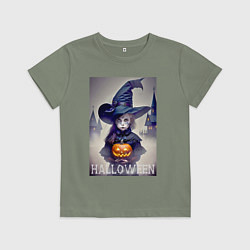 Футболка хлопковая детская Маленькая ведьмочка - хэллоуин, цвет: авокадо
