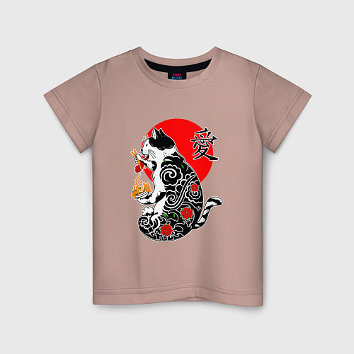 Детская футболка Котик - якудза и иероглиф / Пыльно-розовый – фото 1