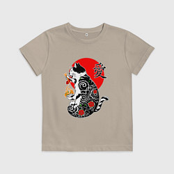 Футболка хлопковая детская Котик - якудза и иероглиф, цвет: миндальный