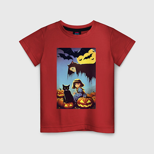 Детская футболка Ведьма нависла над малышкой и котом / Красный – фото 1