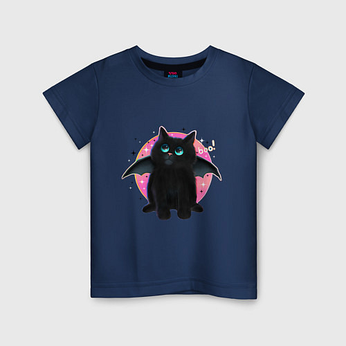 Детская футболка Черный котенок летучая мышь хэллоуин / Тёмно-синий – фото 1