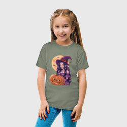Футболка хлопковая детская Хэллоуин - ведьма с тыквой, цвет: авокадо — фото 2