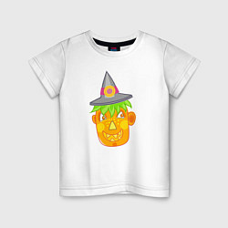 Футболка хлопковая детская Веселая тыква в шляпе: для вечеринки на Хэллоуин, цвет: белый