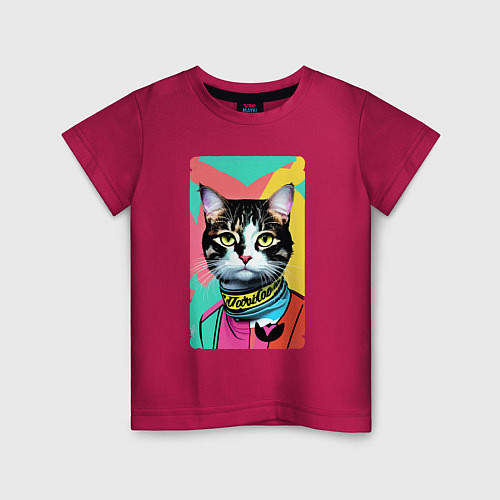 Детская футболка Pop art cat - neural network / Маджента – фото 1