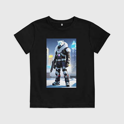 Детская футболка Полярный медведь с оружием - киберпанк / Черный – фото 1