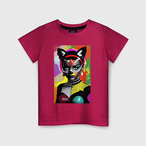Детская футболка Кошка в маске - поп-арт - нейросеть / Маджента – фото 1