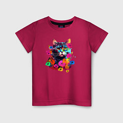 Футболка хлопковая детская Котик в цветах - нейросеть, цвет: маджента