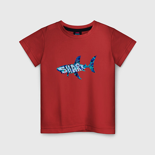 Детская футболка Акула из мозаики цвета моря с надписью shark / Красный – фото 1