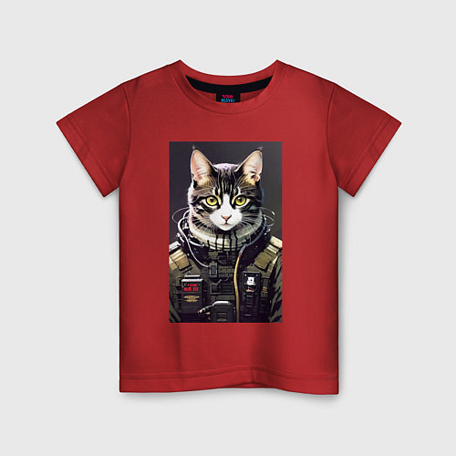 Детская футболка Крутой кот - киберпанк - нейросеть / Красный – фото 1