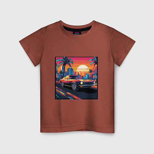 Детская футболка Ретро машина и футуристический город на закате / Кирпичный – фото 1