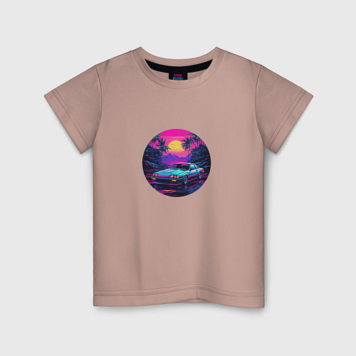 Детская футболка Ретро машина и пальмы в неоновых цветах / Пыльно-розовый – фото 1