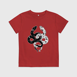 Футболка хлопковая детская Змеи инь и янь - черное белое, цвет: красный