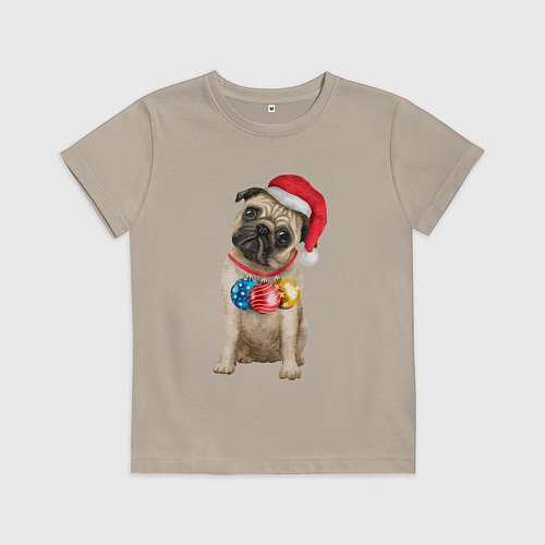 Детская футболка Новогодний мопс / Миндальный – фото 1