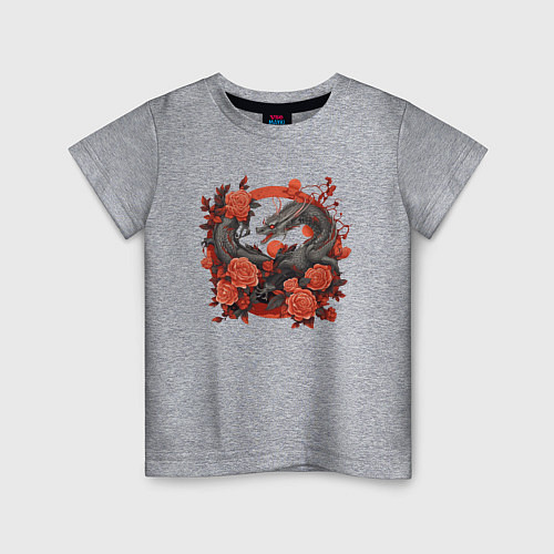 Детская футболка Дракон в розах / Меланж – фото 1