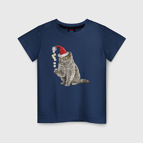 Детская футболка Пушистый котик новогодний / Тёмно-синий – фото 1
