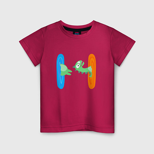 Детская футболка Детский динозаврик пробирается в портал / Маджента – фото 1