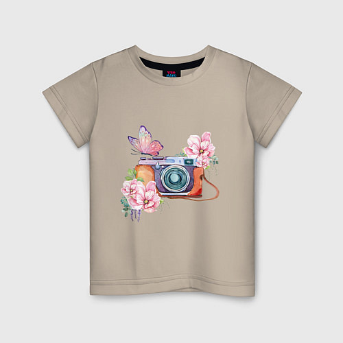 Детская футболка Фотоаппарат в цветах и бабочки / Миндальный – фото 1