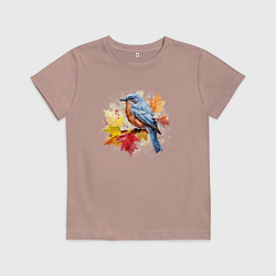 Футболка хлопковая детская Птичка и осенние листья, цвет: пыльно-розовый