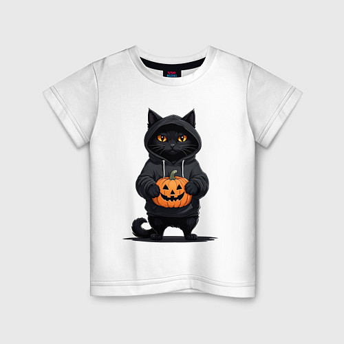 Детская футболка Кот в черном худи держит в руках тыкву / Белый – фото 1