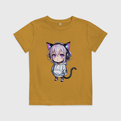Футболка хлопковая детская Чиби кошкодевочка в наушниках, цвет: горчичный