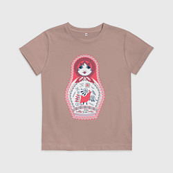 Футболка хлопковая детская Матрешка красно черная с птицей петух, цвет: пыльно-розовый