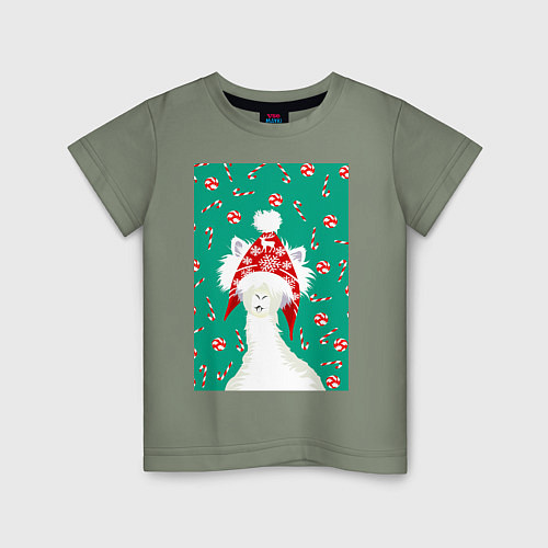 Детская футболка Лама - альпака в ушанке / Авокадо – фото 1