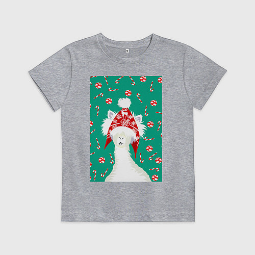 Детская футболка Лама - альпака в ушанке / Меланж – фото 1