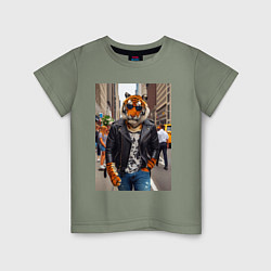 Футболка хлопковая детская Cool tiger on the streets of New York - ai art, цвет: авокадо