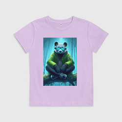 Футболка хлопковая детская Панда слушает музон в лесу - нейросеть, цвет: лаванда