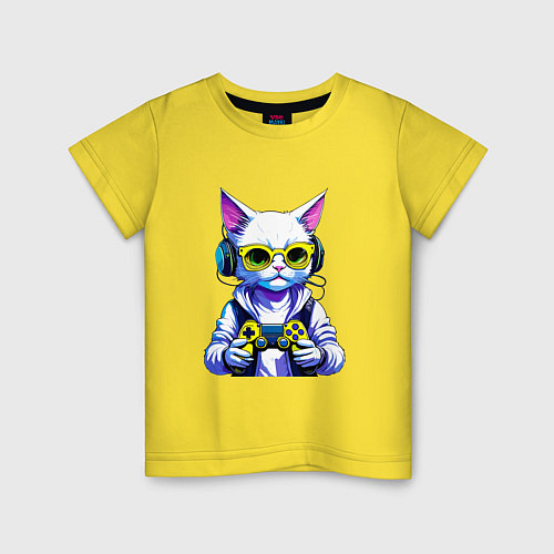 Детская футболка Белый кот геймер / Желтый – фото 1