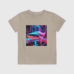 Футболка хлопковая детская Неоновая акула, цвет: миндальный