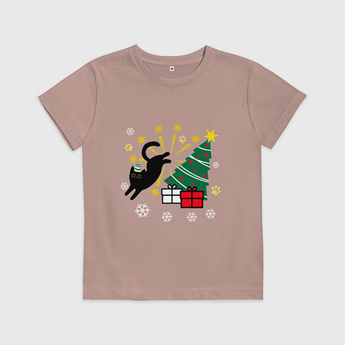 Детская футболка Кот и елка / Пыльно-розовый – фото 1