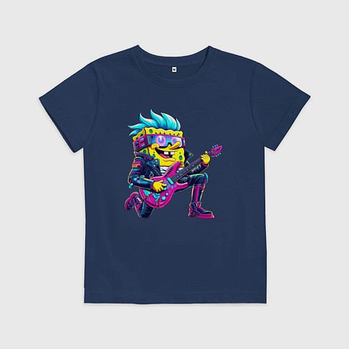 Детская футболка Губка Боб - рок гитарист - нейросеть / Тёмно-синий – фото 1