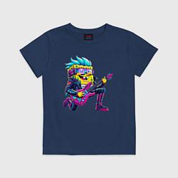 Футболка хлопковая детская Губка Боб - рок гитарист - нейросеть, цвет: тёмно-синий