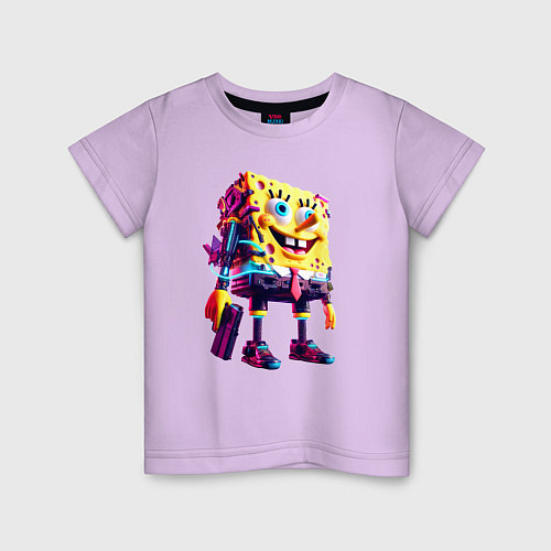 Детская футболка Губка Боб с пистолетом - киберпанк - нейросеть / Лаванда – фото 1